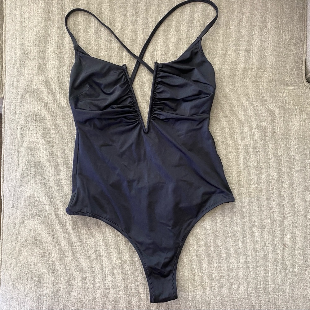 Shade & Shore Navy One-Piece Swimsuit with V Neck Small
